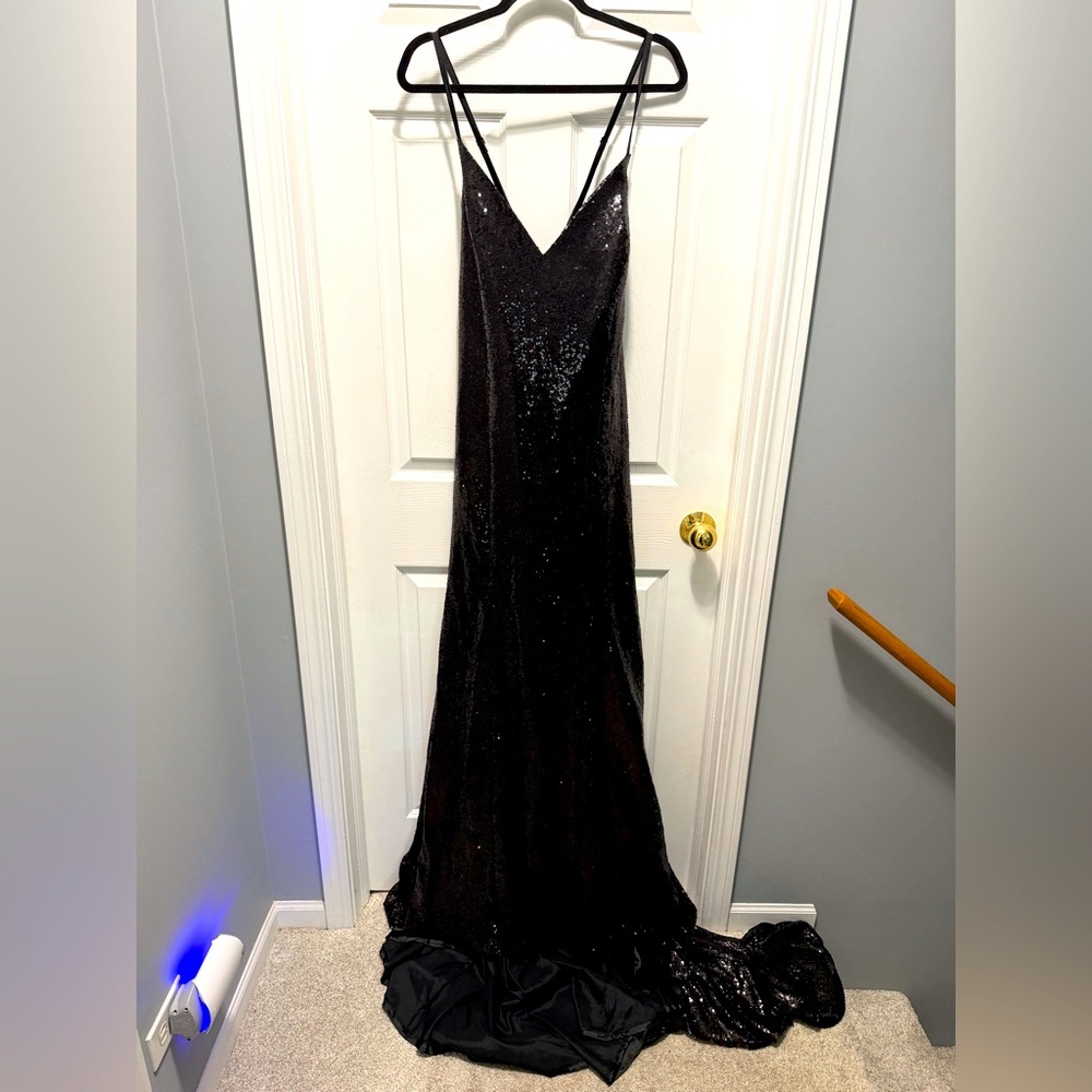 Black Sequin V-Neck Maxi Dress with Spaghetti Straps